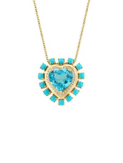 Effy Women's 14k Yellow Gold, Blue Topaz, Turquoise & Diamond Heart Pendant Necklace