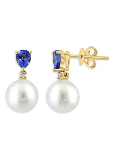 Effy Women's 14k Yellow Gold Diamond, 9mm Freshwater Pearl & Tanzanite Drop Earrings