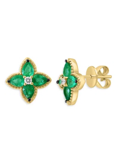 Effy Women's 14k Yellow Gold, Diamond & Emerald Clover Stud Earrings