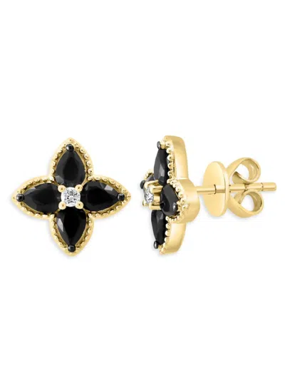 Effy Women's 14k Yellow Gold, Diamond & Onyx Clover Stud Earrings