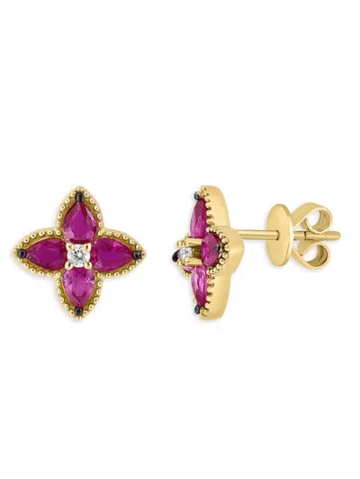 Effy Women's 14k Yellow Gold, Diamond & Ruby Flower Stud Earrings In Pink