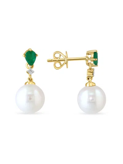 Effy Women's 14k Yellow Gold, Emerald, Diamond & 7mm Akoya Pearl Drop Earrings