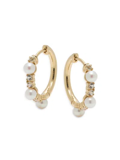 Effy Women's 14k Yellow Gold, Freshwater Pearl & White Sapphire Huggie Earrings