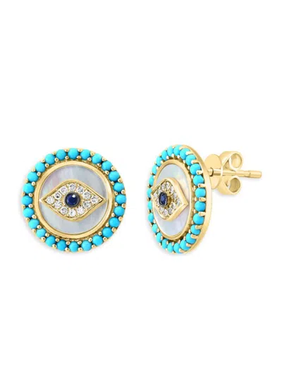 Effy Women's 14k Yellow Gold, Mother Of Pearl & Multi Stone Evil Eye Stud Earrings