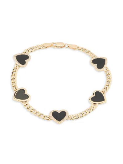 Effy Women's 14k Yellow Gold, Onyx & Diamond Heart Station Bracelet