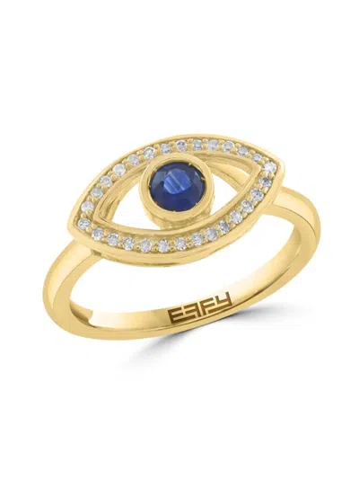 Effy Women's 14k Yellow Gold, Sapphire & 0.11 Tcw Diamond Evil Eye Ring