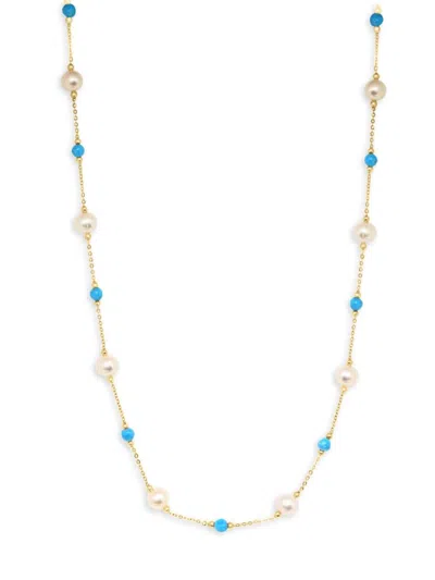 Effy Women's 14k Yellow Gold, Turquoise & 6-6.5mm Freshwater Pearl Station Necklace