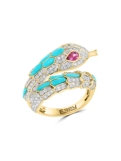 Effy Women's 14k Yellow Gold, Turquoise, Pink Tourmaline & Diamond Snake Ring