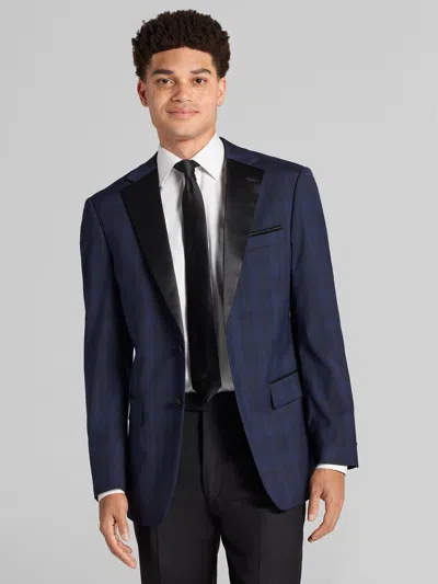 Egara Slim Fit Plaid Dinner Jacket Navy Plaid - Size: 44 Short In Blue