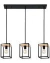 Eglo Libertad 3 Light Open Frame Linear Pendant With Structured Black & Wood Finish