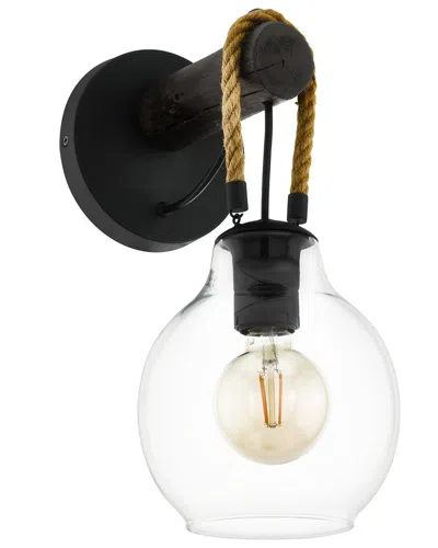 Eglo Roding 1 Light Wall Sconce With Black Finish, Brown Roping & Clear Glass Shade