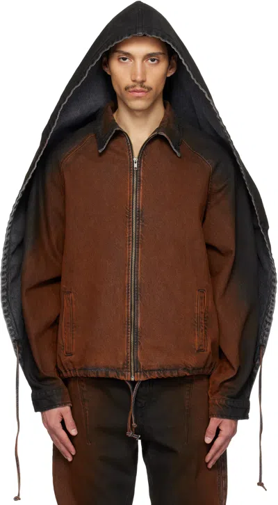 Egonlab Black & Orange Convertible Hooded Denim Jacket In Brown