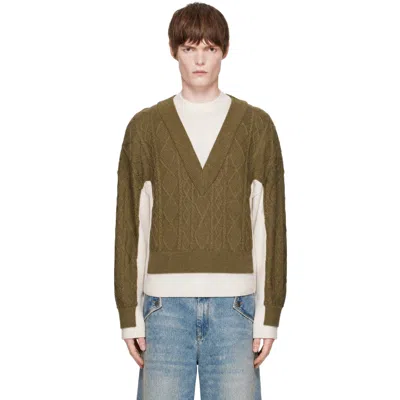Egonlab Khaki & White Double V-neck Sweater In Aw26-033 Green Merin
