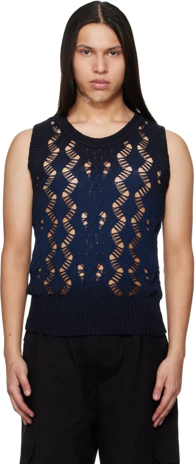 Egonlab Navy Textured Knit Tank Top In Blue