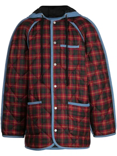 Egonlab Tartan-check Hooded Coat In Dark Red Blue