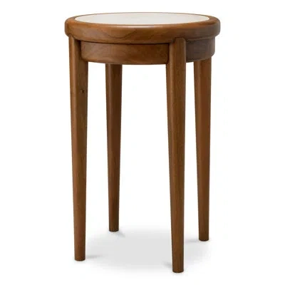 Eichholtz Side Table Hensley Round Mahogany Wood Caramel Finish Beige Marble In Brown