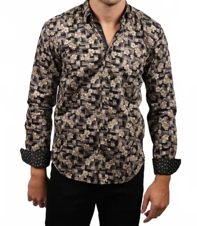 Eight X Button Down Shirt In Black Floral Print In Brown
