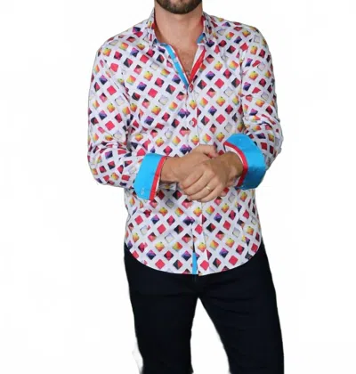 Eight X Color Grid Button Down Shirt With Trim In White In Multi