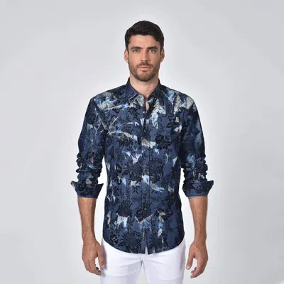 Eight X Distressed Denim Floral Flocking Button Down Shirt In Navy In Blue