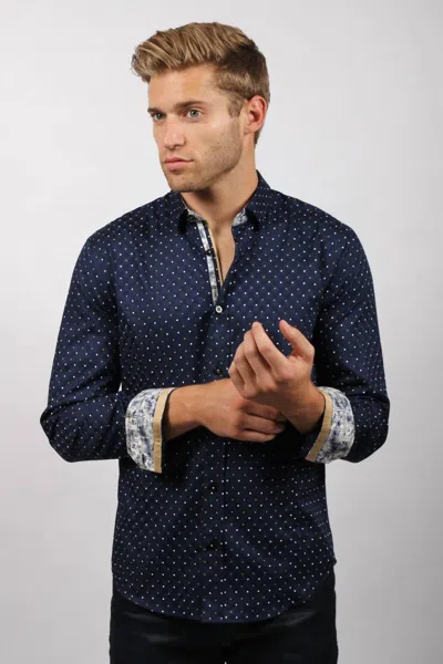 Eight X Dots Button Down Print Shirt With Trim In Navy In Blue