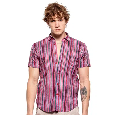 Eight X Feelings Striped Linen Short Sleeve Shirt In Multi In Pink