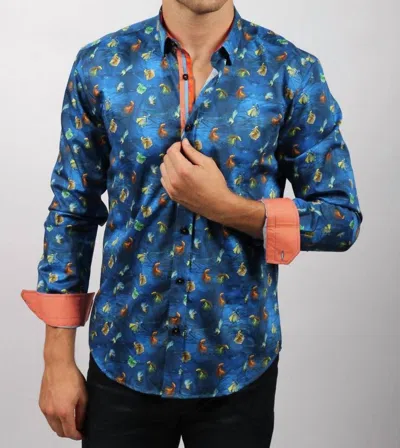 Eight X Fish Print Button Down Shirt With Trim In Navy In Blue