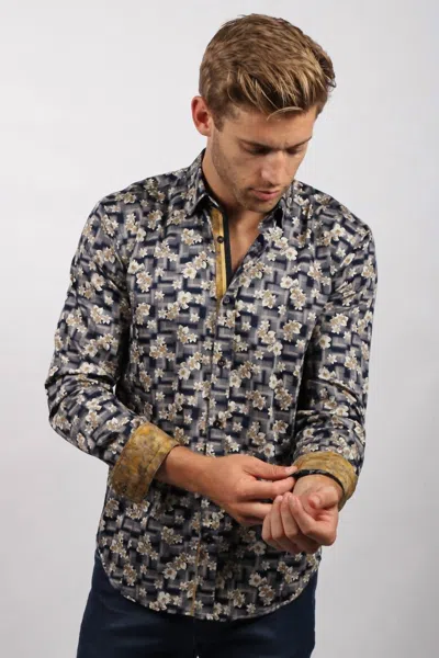 Eight X Floral Print Button Down Shirt With Trim In Navy In Multi
