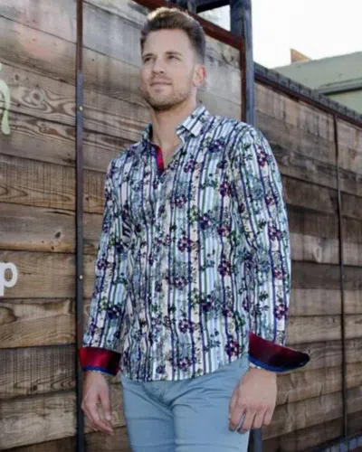 Eight X Flowers And Stripes Button Down Shirt With Trim In Green In Blue