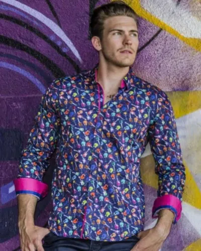 Eight X Funky Guitars Button Down Print Shirt With Trim In Navy In Multi