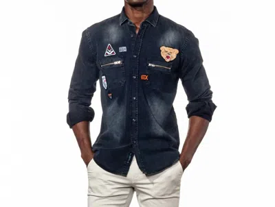 Eight X Grizzly Bear Denim Button Down Shirt In Black In Blue