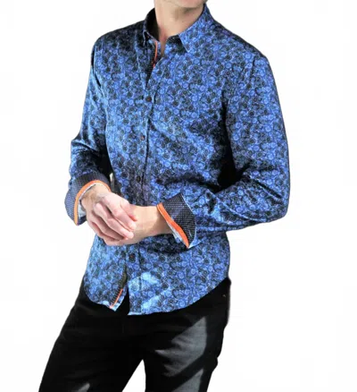 Eight X Long Sleeve Button Down Paisley Print Shirt With Dot Trim In Navy In Blue