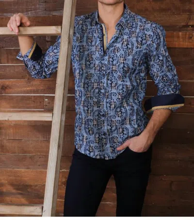 Eight X Long Sleeve Jacquard Button Down Shirt With Paisley Flocking In Navy In Blue