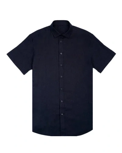 Eight X Men's Blue 100% Linen Button Short Sleeve Button Down Shirt - Navy