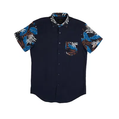 Eight X Men's Blue Navy Linen Short Sleeve Shirt With Botanical Print