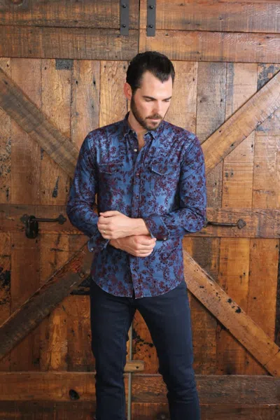 Eight X Men's Denim Shirt With Flocking In Navy In Animal Print