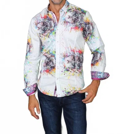 Eight X Paint Splash Skull Button Down Shirt In Pink In White