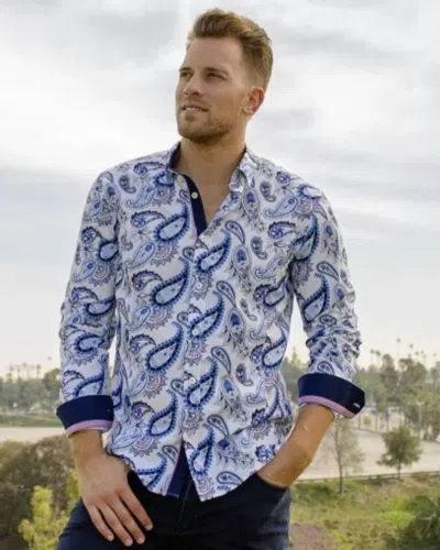 Eight X Paisley Button Down Shirt With Accent Trim In Navy In Blue