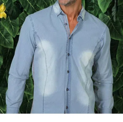 Eight X Pattern Denim Jacquard Button Down Shirt In Light Stone Wash In Blue