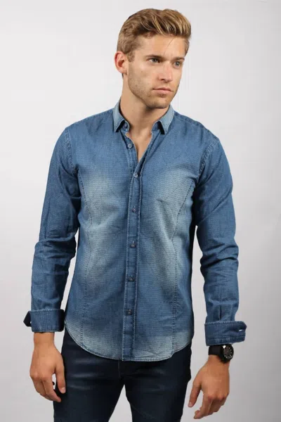 Eight X Pattern Stone Wash Denim Button Down Shirt In Navy In Blue