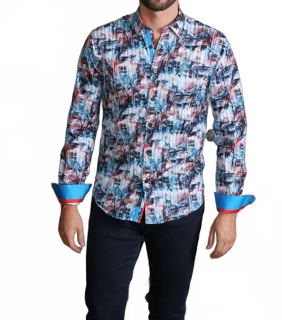 Eight X Scenery Print Button Down Shirt With Trim In Turquoise In Multi