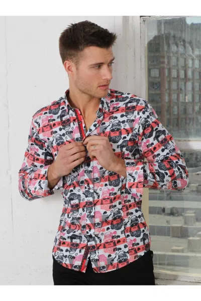 Eight X Skull Design Print Button Down Shirt With Trim In Red In Multi