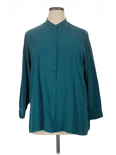 Pre-owned Eileen Fisher 3/4 Sleeve Silk Top Teal Solid Pattern Mock Neckline Tops