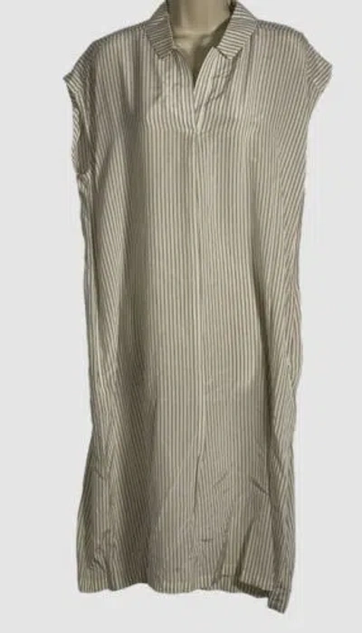 Pre-owned Eileen Fisher $398  Women's Ivory Stripe Silk Cap Sleeve Shirt Dress Size S In White