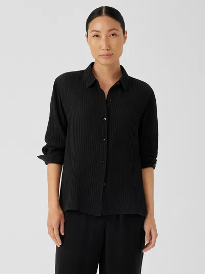Eileen Fisher Accordion Silk Jacquard Classic Collar Shirt In Black