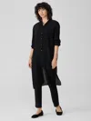 Eileen Fisher Accordion Silk Jacquard Mandarin Collar Long Shirt In Black