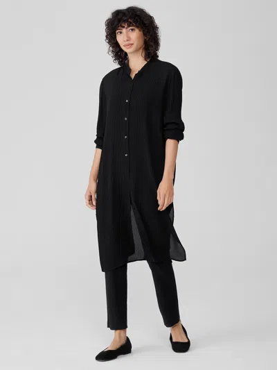 Eileen Fisher Accordion Silk Jacquard Mandarin Collar Long Shirt In Black