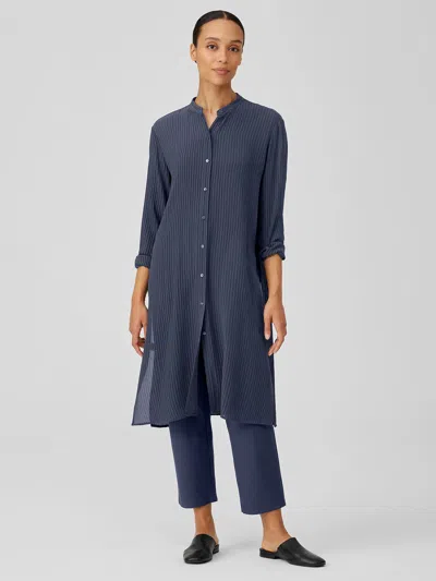 Eileen Fisher Accordion Silk Jacquard Mandarin Collar Long Shirt In Blue