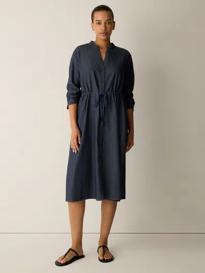 Eileen Fisher Airy Organic Cotton Twill Band Collar Shirtdress In Denim