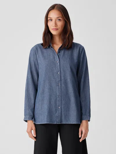 Eileen Fisher Airy Organic Cotton Twill Classic Collar Shirt In Blue