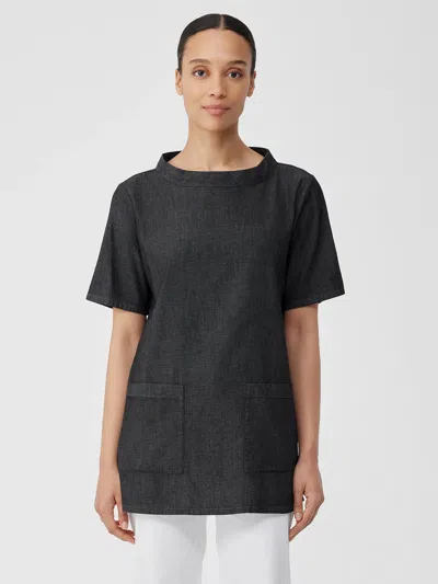 Eileen Fisher Airy Organic Cotton Twill Mock Neck Long Top In Black